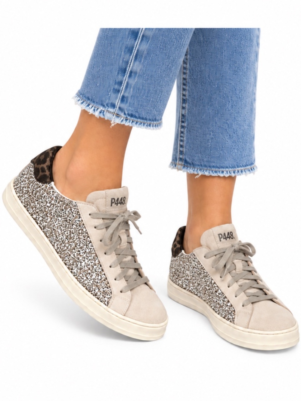 P448 Silver Glitter & Leopard Platform John Sneakers, White